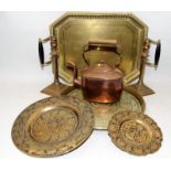 Quantity of Brass and cooper items to include a cooper kettle and a brass twin handed tray