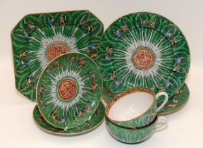 Chinese cabbage & butterfly tea service, five dishes & 2 tea cups.