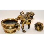 Heavy cast bronze Chinese Lion incense burner, budai holding ruyi sceptre & elephant handled censer,