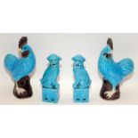 Two pairs of Chinese turquoise glazed foo lions & cockerels. Tallest H16cm