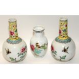 3 oriental contemporary small posy vases including a handed pair 14cms tall.