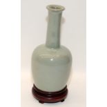 Song style Chinese 19th century or later celadon calligraphy vase & stand. H 19.5cm (tiny