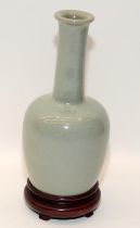 Song style Chinese 19th century or later celadon calligraphy vase & stand. H 19.5cm (tiny