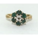 9ct gold ladies Diamond and Emerald halo cluster size L