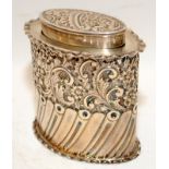 Sterling silver oval tobacco tin, 9.5cms tall, hallmarked for London 1903. 128g.