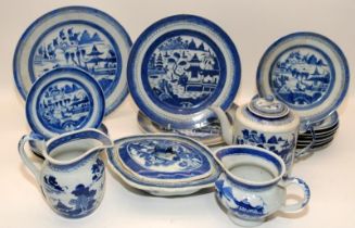 A large collection of early Chinese blue & white export landscape scene porcelain, comprising