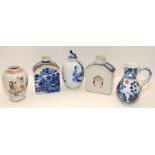 Mixed group of antique Chinese porcelain tea caddies, three painted in blue & white with figures (