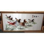 Large Chinese fabric picture depicting galloping Horses 160x80cm