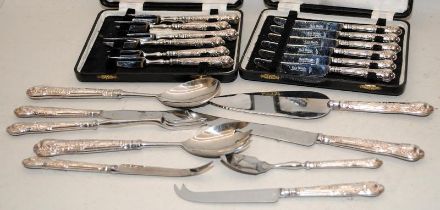 Boxed Silver handled cake knives and forks together a quantity of other silver handled flatware