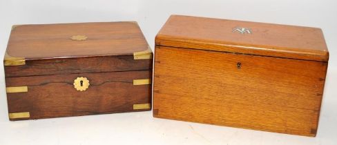 Two vintage wooden boxes to include a brass bound writing slope with good interior and key 30cms x