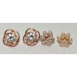 2 pairs of rose gold/925 silver CZ earrings.