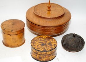 Vintage circular Tea caddy with marquetry inlaid top marked E Weiss Gottingen to base c/w three