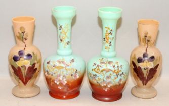 Pair of Victorian Harrach (?) turquoise opaline bud vases 19cms tall c/w a pair of pink opaline