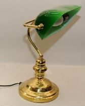 Vintage brass bankers desk lamp with green shade, approx 33cms tall
