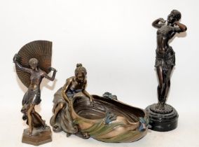 A bronzed bowl in the arts and crafts style featuring a maiden looking into a pool, c/w two