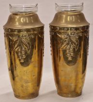 Pair of Art Deco brass vases with original glass liners depicting berries 34x14cm