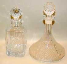 Vintage pressed glass ship's decanter with hobnail decoration and original stopper c/w another