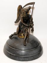 19thC large bronze clock finial depicting Old Father Time sitting on carved and polished stone. O/