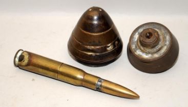 Two vintage missile shell fuse caps with British Military markings c/w an inert 0.50 cal round