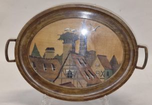 Oval twin handled serving tray with painted inner depicting Village church signed Mady 46x32x3cm