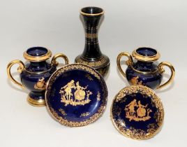 Collection of Limoges cobalt blue and gold porcelain to include a pair of two handled vases c/w a
