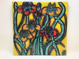 Poole Pottery interest large 16" square tile depicting Iris flower design by Janet Parker Laird.