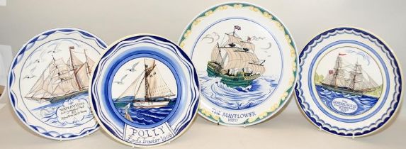 Poole Pottery 12.5" The Mayflower Ship plate hand painted by Susan Russell 1979, together with 3