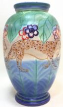 Poole Pottery rare & hard to find Leopard with flowers vase by Sally Tuffin 8.25" high.