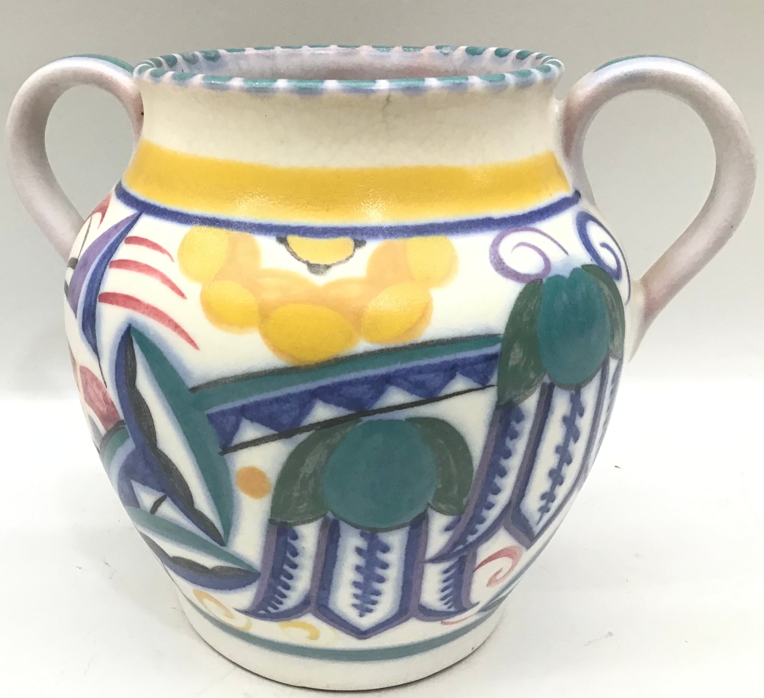 Poole Pottery shape 401 TY pattern twin handled vase decorated by Marian Heath 4.9" high. - Image 3 of 6