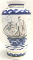 Poole Pottery studio unusual vase depicting a sailing ship decorated by Karen Brown 8"