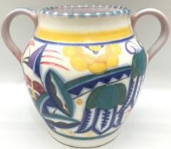 Poole Pottery shape 401 TY pattern twin handled vase decorated by Marian Heath 4.9" high.
