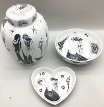 Poole Pottery Aubrey Beardsley large ginger jar with lid 9.5" high together with 8" dia bowl & a