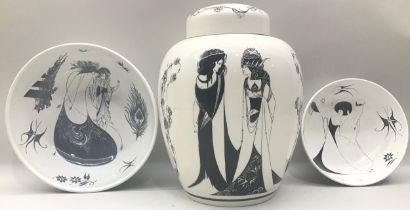 Poole Pottery Aubrey Beardsley large ginger jar with lid 9.5" high together with 8" dia bowl & a