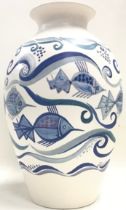 Poole Pottery unusual late studio hand painted vase depicting fish 12.5" high, fully marked & signed