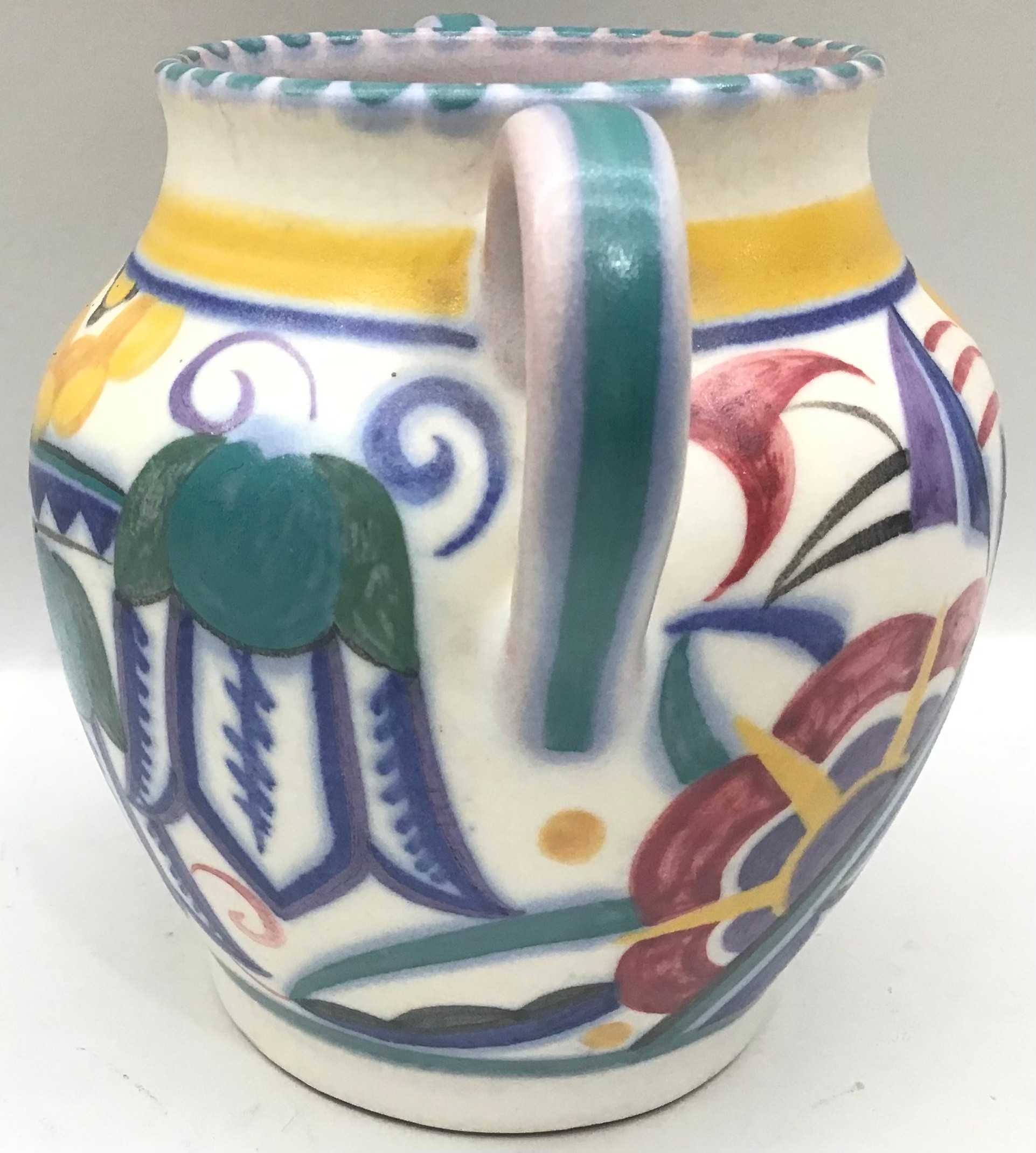 Poole Pottery shape 401 TY pattern twin handled vase decorated by Marian Heath 4.9" high. - Image 4 of 6