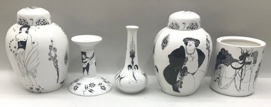 Poole Pottery pair of ginger jars from The Beardsley collection together with candlestick, small bud