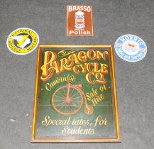 3 x small enamel signs c/w a painted wooden Paragon Cycle Co. advertising sign 45cms x 60cms