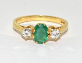 Vintage good Emerald and Diamond ring 1ct approx total of stones set in 18ct yellow gold size P