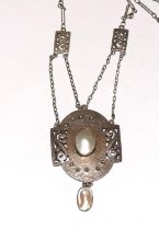 Murrle Bennett Silver and Pearl Art and Crafts pendant. marked 950 and MB & co in a circle with a