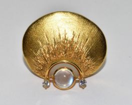 Vintage modernist signed designer natural Blue Moonstone and Diamond pendant brooch in 14ct gold 2.