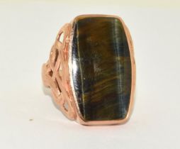 9ct rose gold antique set polished tigers Eye oblong fancy dress ring size N