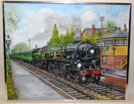 Signed oil on board Malcolm Drabwell 34016 Bodmin steam engine at Medstead and Four Marks station.
