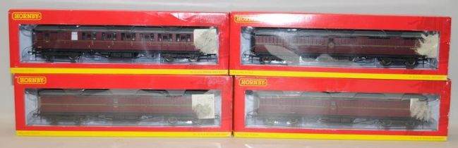 Hornby OO Gauge BR (Ex LNER) 61ft 6in coaches R4566, R4531B x 2 and R4531C. All boxed