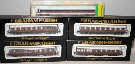 4 x Graham Farish cream/burgundy coaches c/w a Minitrix N Gauge carriage ref:13358. All presented in