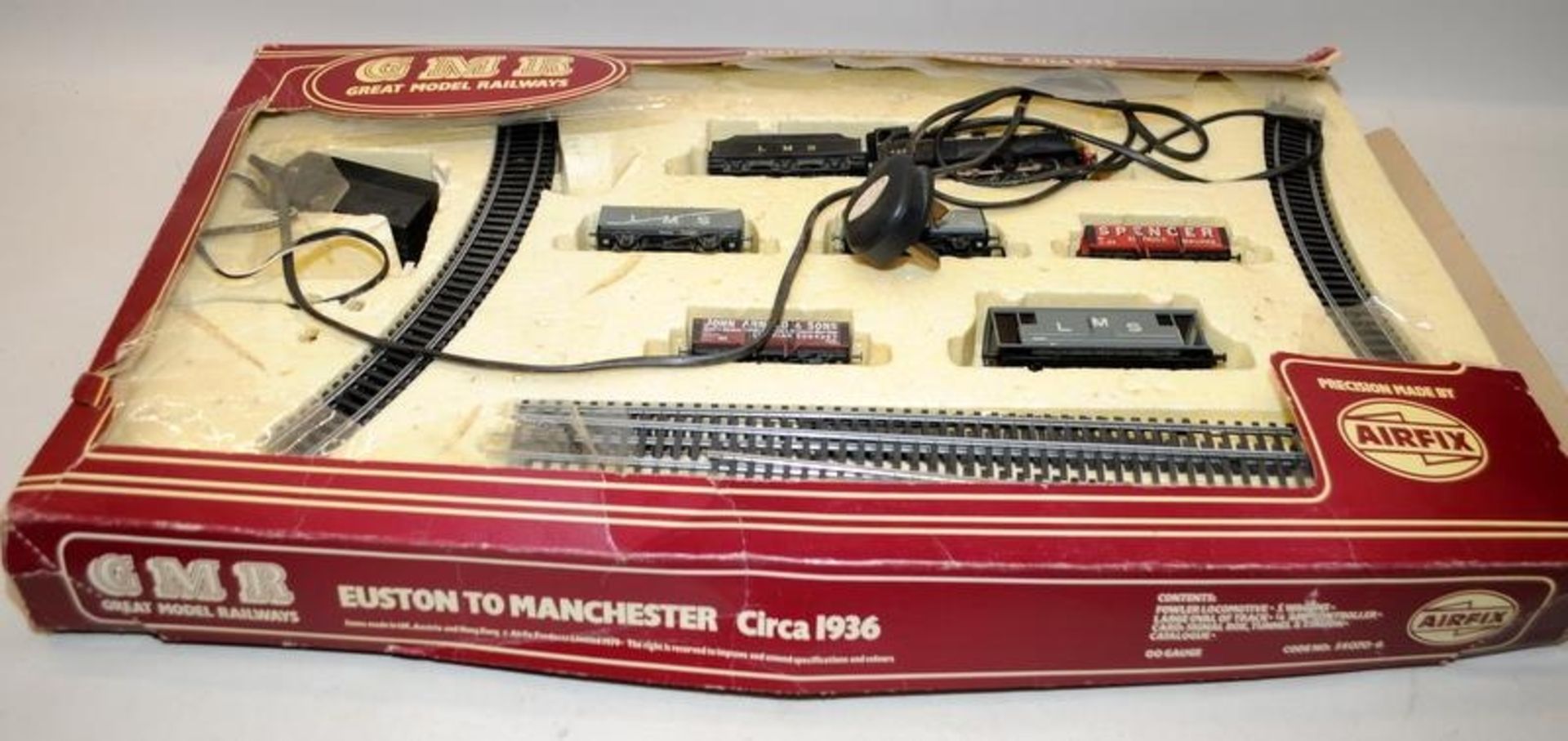 Airfix OO gauge Euston to Manchester Circa 1936 train set. Boxed, lid very tatty