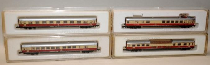 Marklin Mini Club Z Gauge DB Red/Cream Carriages x 4 - 8728, 8734, 8736 and 8737. All boxed