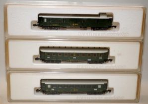 Marklin Mini Club Z Gauge. 3 x boxed green/grey roof carriages 8731, 8748 and 8749. All boxed