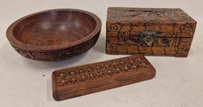 3 carved wooden items to include carved box and bowl.