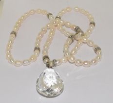 Large rock crystal cultured pearl flappers necklace.