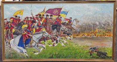 Large oil on canvas depicting a military battle scene "Possibly Turkish or Cossack" signed to bottom